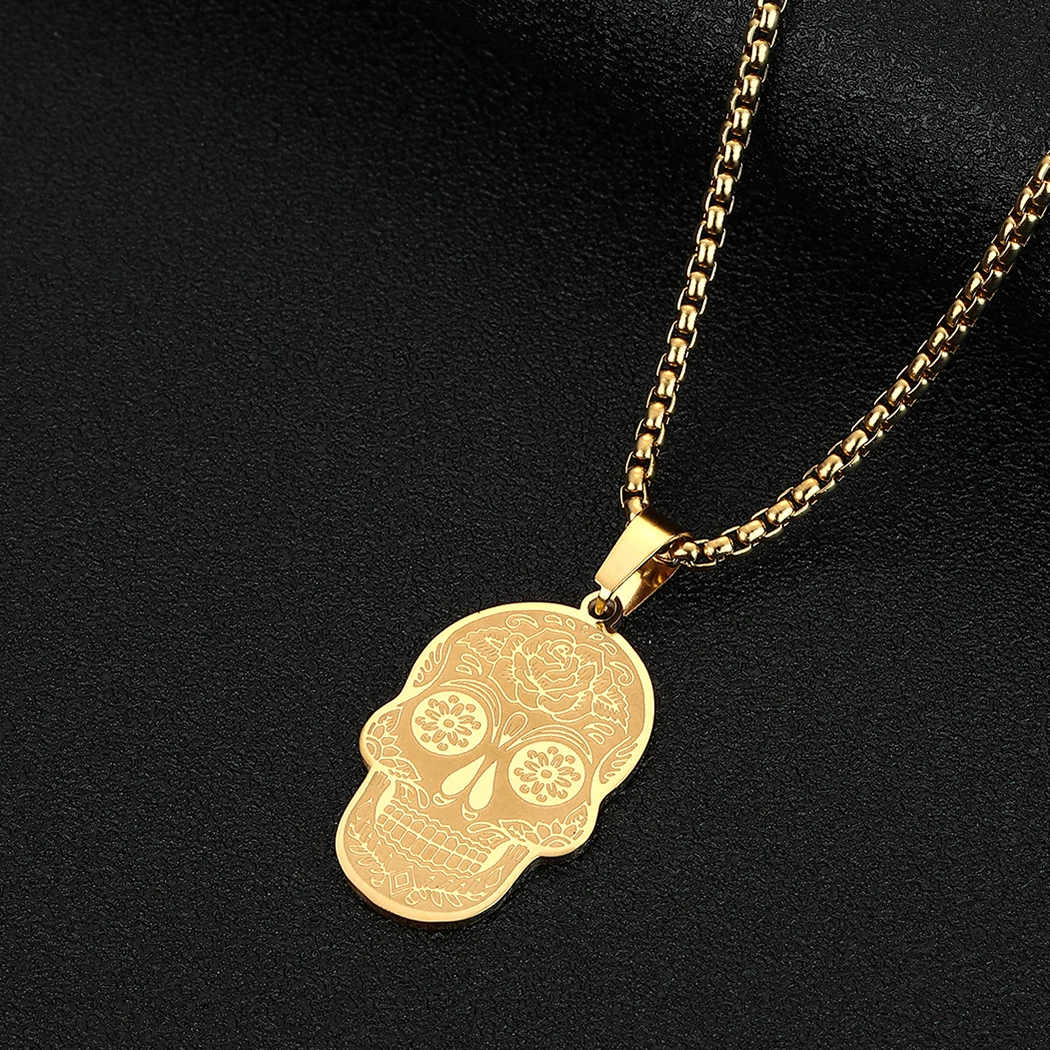 

CHENGXUN Dainty Skull Necklace for Women Men Flower Skull Pendant Stainless Steel Greek Mythology Charm Chain Jewelry Gift