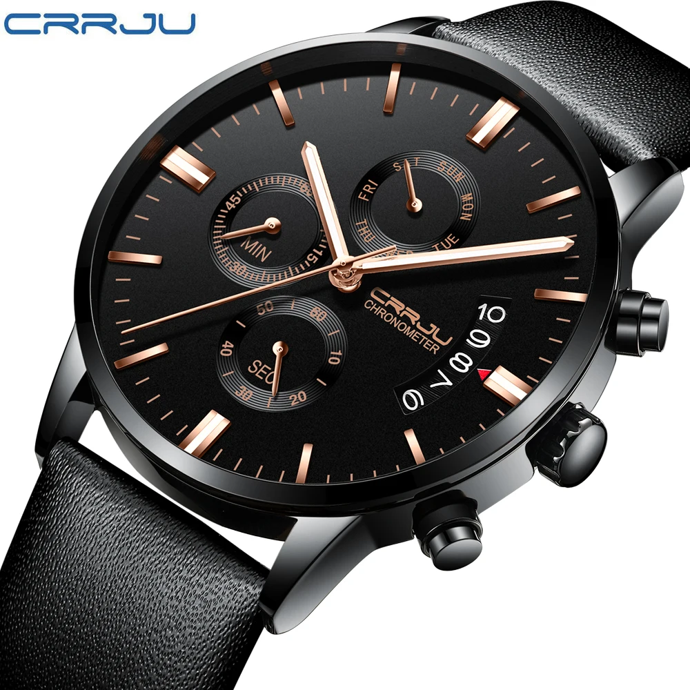 

2018 NEW Fashion Casual CRRJU Brand Waterproof Quartz Watch Men Military Leather Sports Watches Man Clock Relogio Masculino