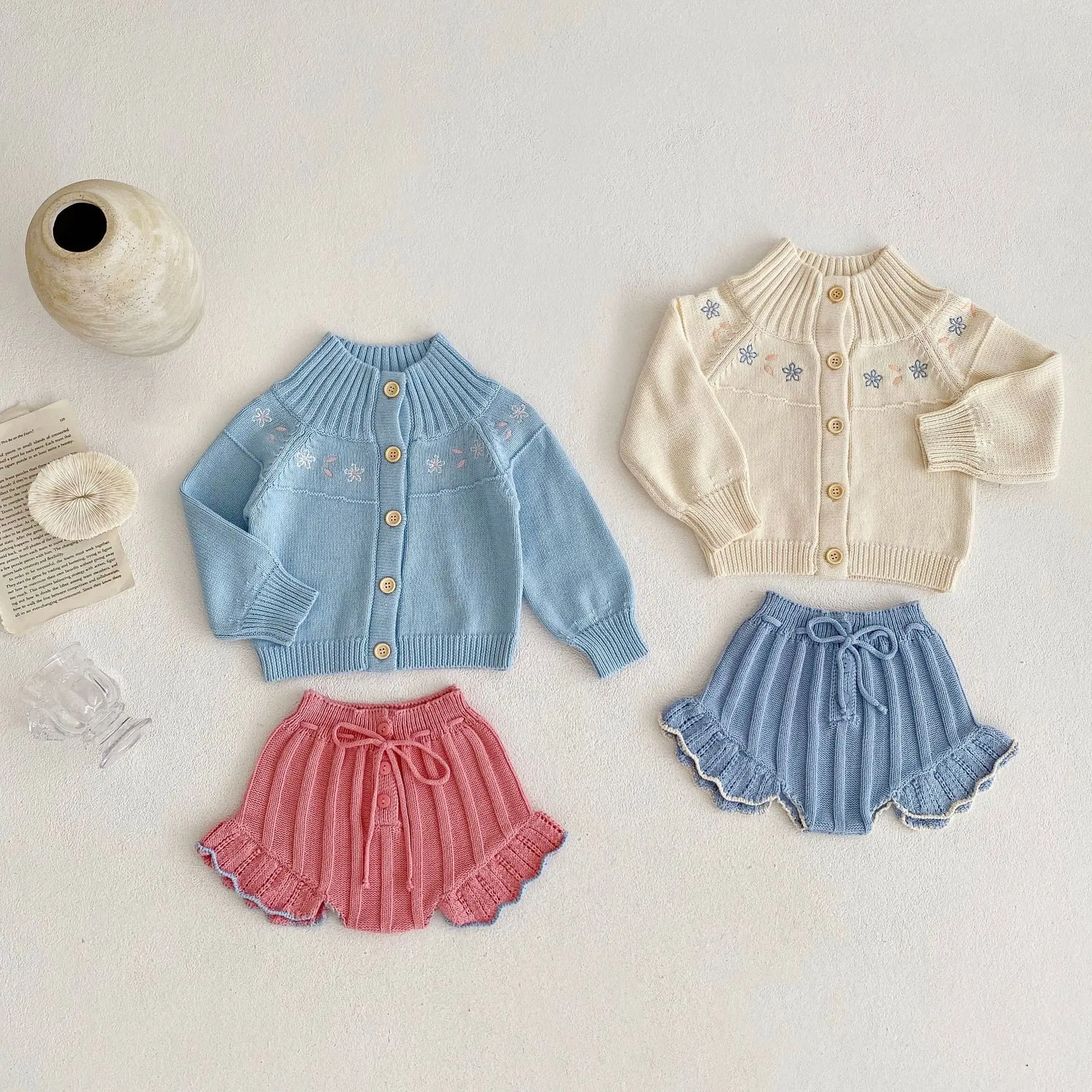 

2022 Autumn Knitted Suits Baby Kids Clothes Sets Sweater Girls Sets Cardigan Sweater+Ruffles Short 2Pcs Kids Suits