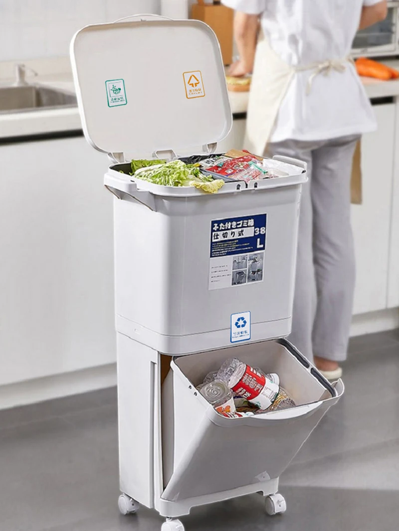 

Kitchen Plastic Dustbin Push Lixeira Classification Trash Can Recycle Stacked Sorting Wet And Dry Rubbish Bin Basurero Cocina