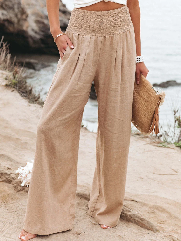 

Свободные брюки женские летние 2023 однотонные широкие брюки с карманами Женская одежда из хлопка и льна модные плиссированные брюки с эластичной резинкой на талии