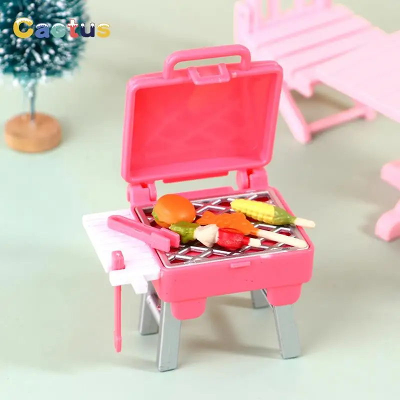 Hot Sale  1:12 Dollhouse Miniature BBQ Pink Barbecue Grill with Food Toy Doll Decor Toy Dollhouse Kitchen Accessories