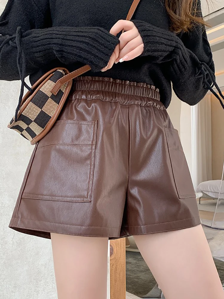 3 Color Casual A-Line PU Leather Shorts Women Pu Leather Shorts With Pockets Spring Loose Wide Leg High Waist Shorts