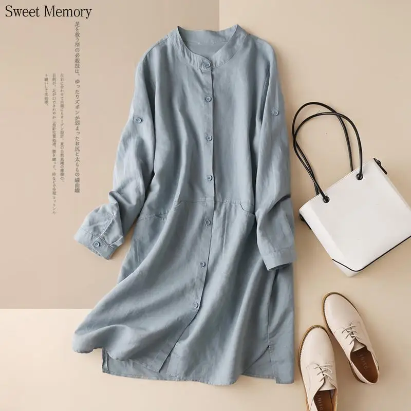 

M55 Fashion Women Dresses Blue White Stand-up Collar Roll-sleeve Shirt Dress Girl Lady Mid-length Cotton and Linen Top Clothes