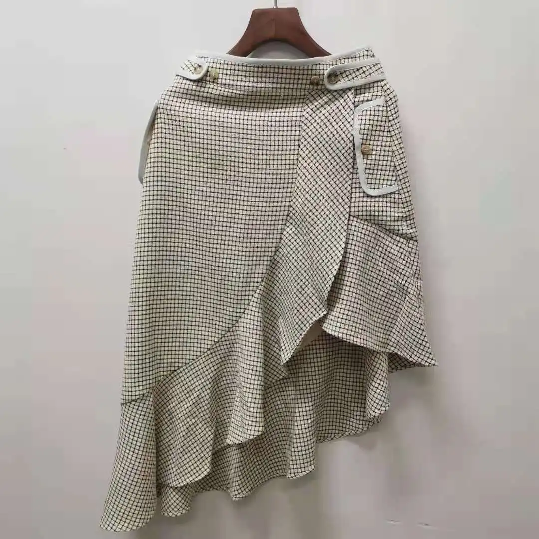 

Women Houndstooth Ruffles Irregular Belt Botton Midi Elegant Autumn Winter Skirt