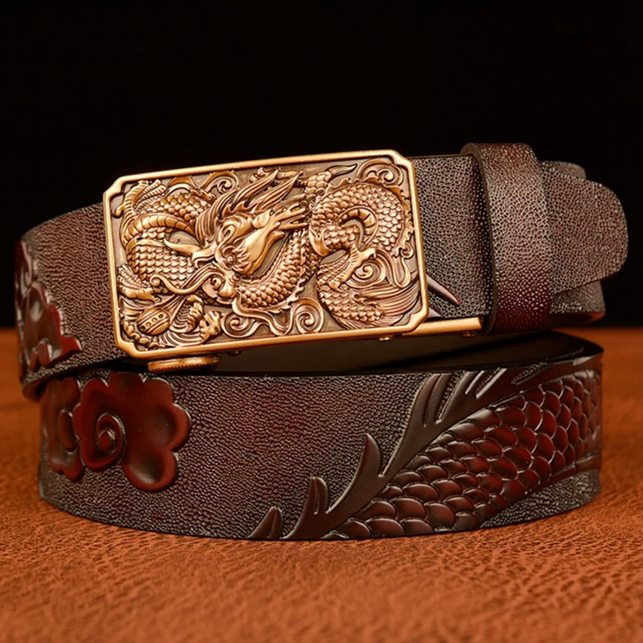 

Male Genuine Leather Belts Casual Ratchet Belt with Automatic Buckle Luxury Design Dragon Pattern Belts for Business Men Strap