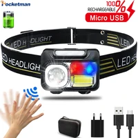 rechargeable led headlamp motion sensor 5 modes waterproof flashlight white red blue light headlight for outdoor camping fishing