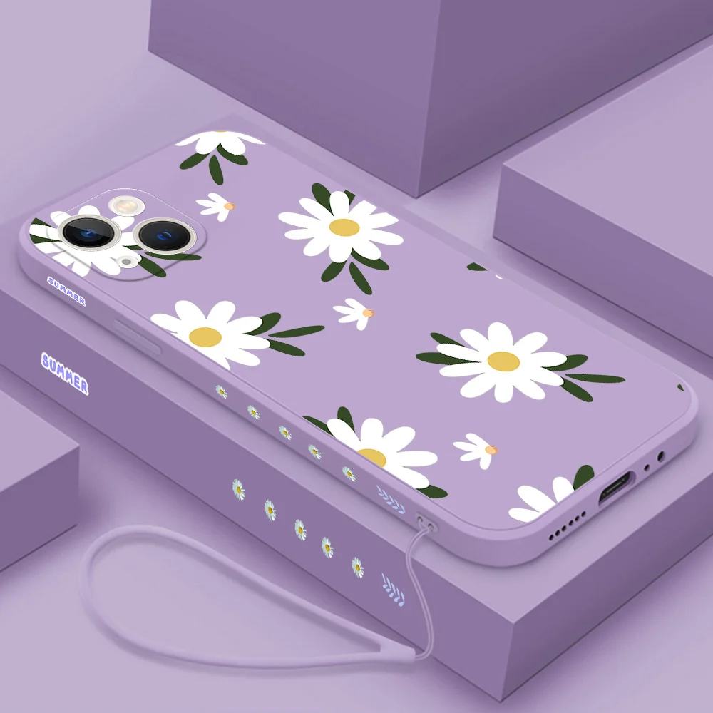 

For iphone 14 Pro Max Case Plus With Lanyard Cute Daisy Liquid Silicone Phone Case For iphone 12 13 11 Pro Max Mini Back Cover