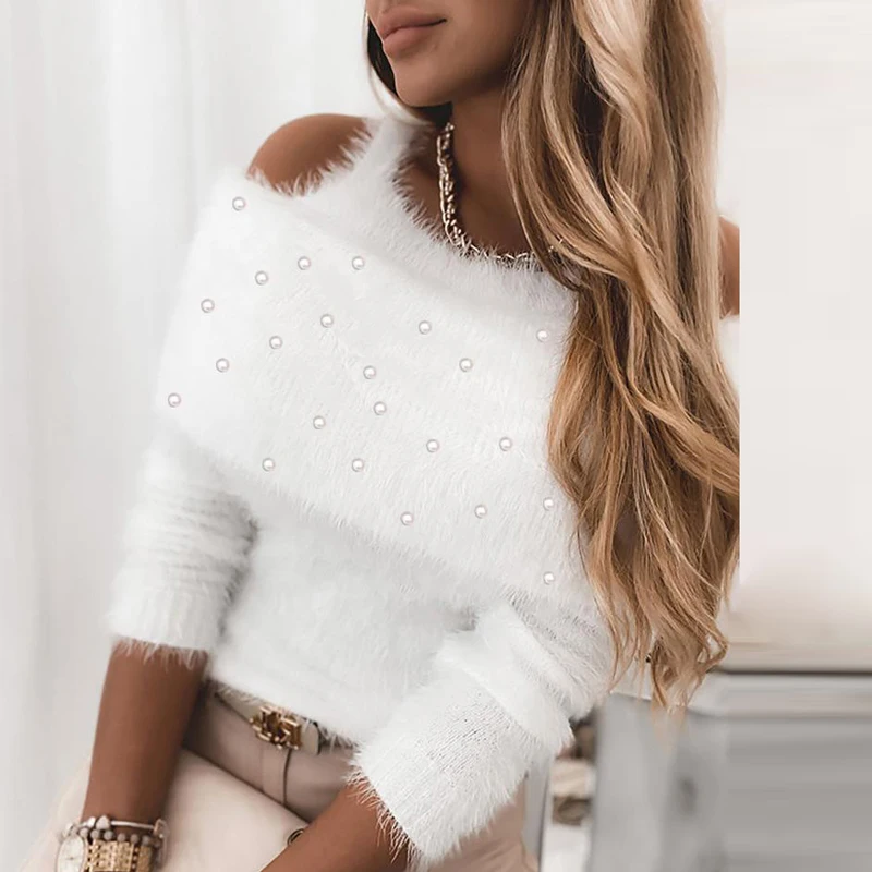 

Elegant Women Sexy Off Shoulder Hollow Shirts Sweaters 2021 New white Warm Knitted Tops Sweater Autumn Winter Lady Chic Pullover
