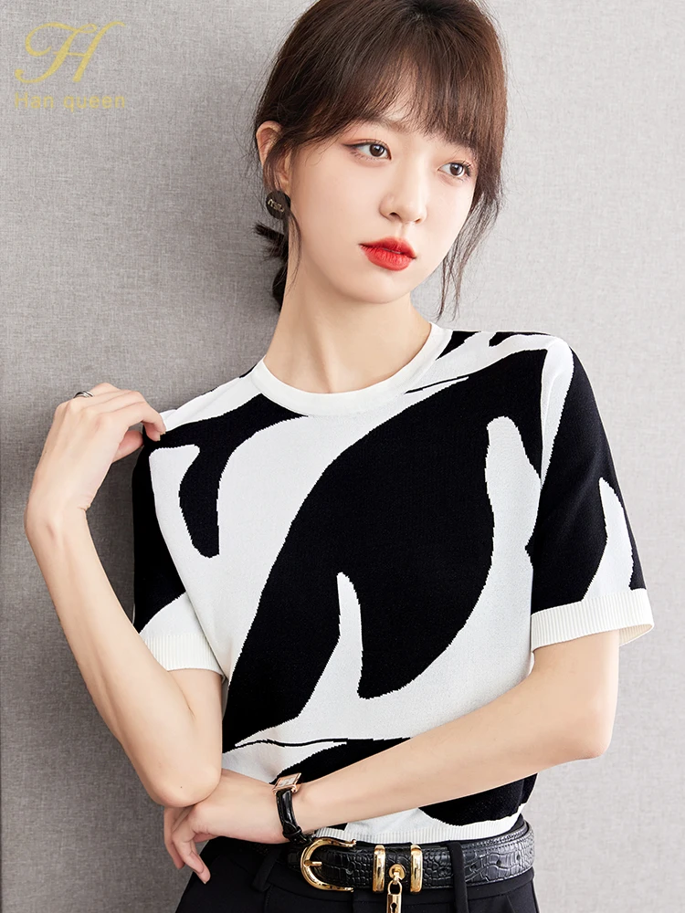 

Женская трикотажная футболка H Han Queen, Повседневная Базовая футболка с круглым вырезом и коротким рукавом, в Корейском стиле, лето 2023