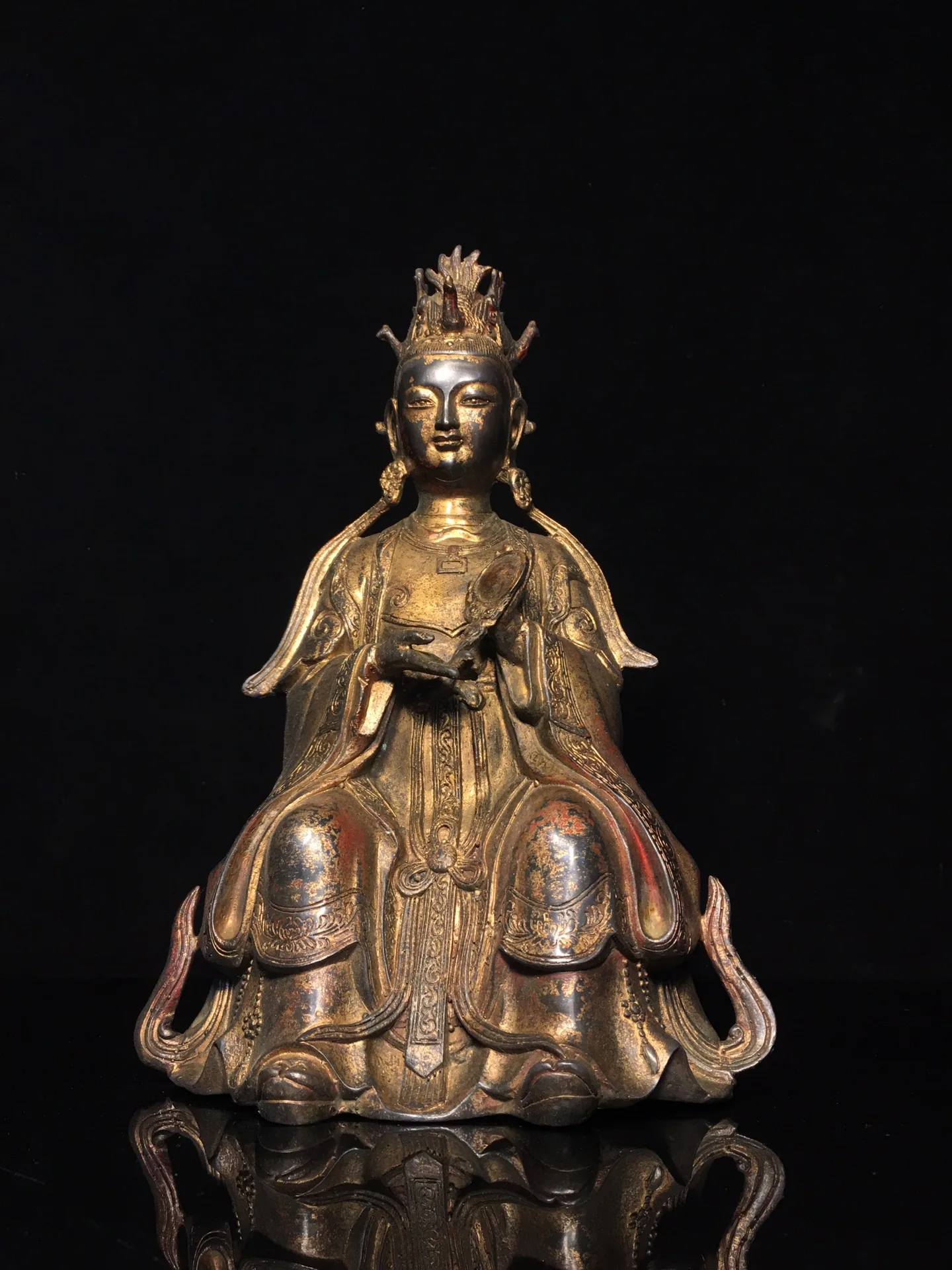 

12"Tibet Temple Collection Old Bronze Cinnabar Mud gold the Queen Mother of the West Goddess of Longevity Worship Hall