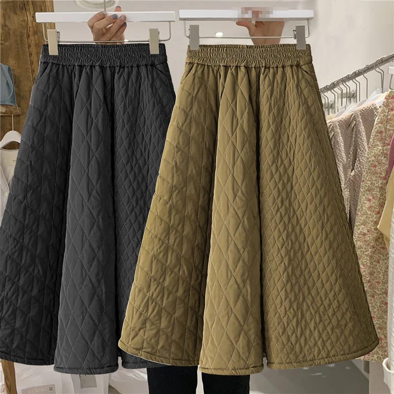 Skirts Korea Retro Women 2022 Autumn Winter New Elastic High Waist Diamond Woven Solid Color A-line Bottoms Femme