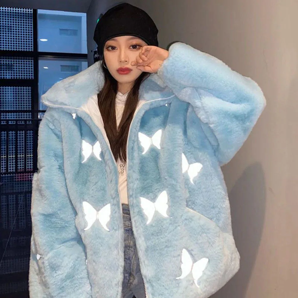 baby blue fur Winter Women's h Reflective Butterfly Imitation Fur Coat Harajuku Casual Street Jackets Female Hip-hop Tops