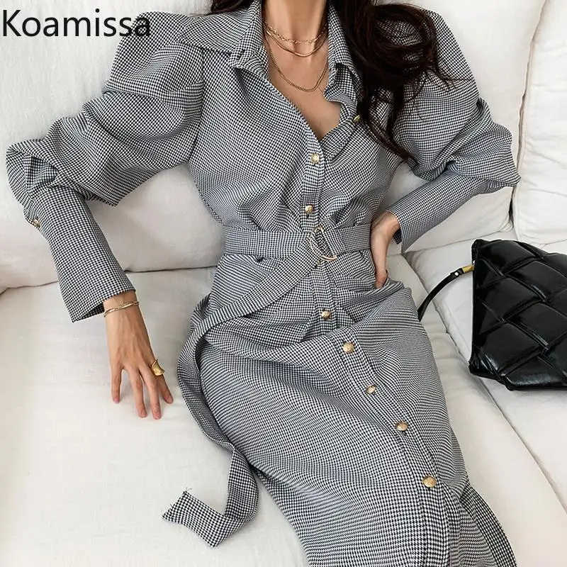 Koamissa Elegant Turn-down Collar Maxi Dress Vintage Plaid Women Long Sleeve Office Party Dress 2022 Belted Female Vestidos Robe