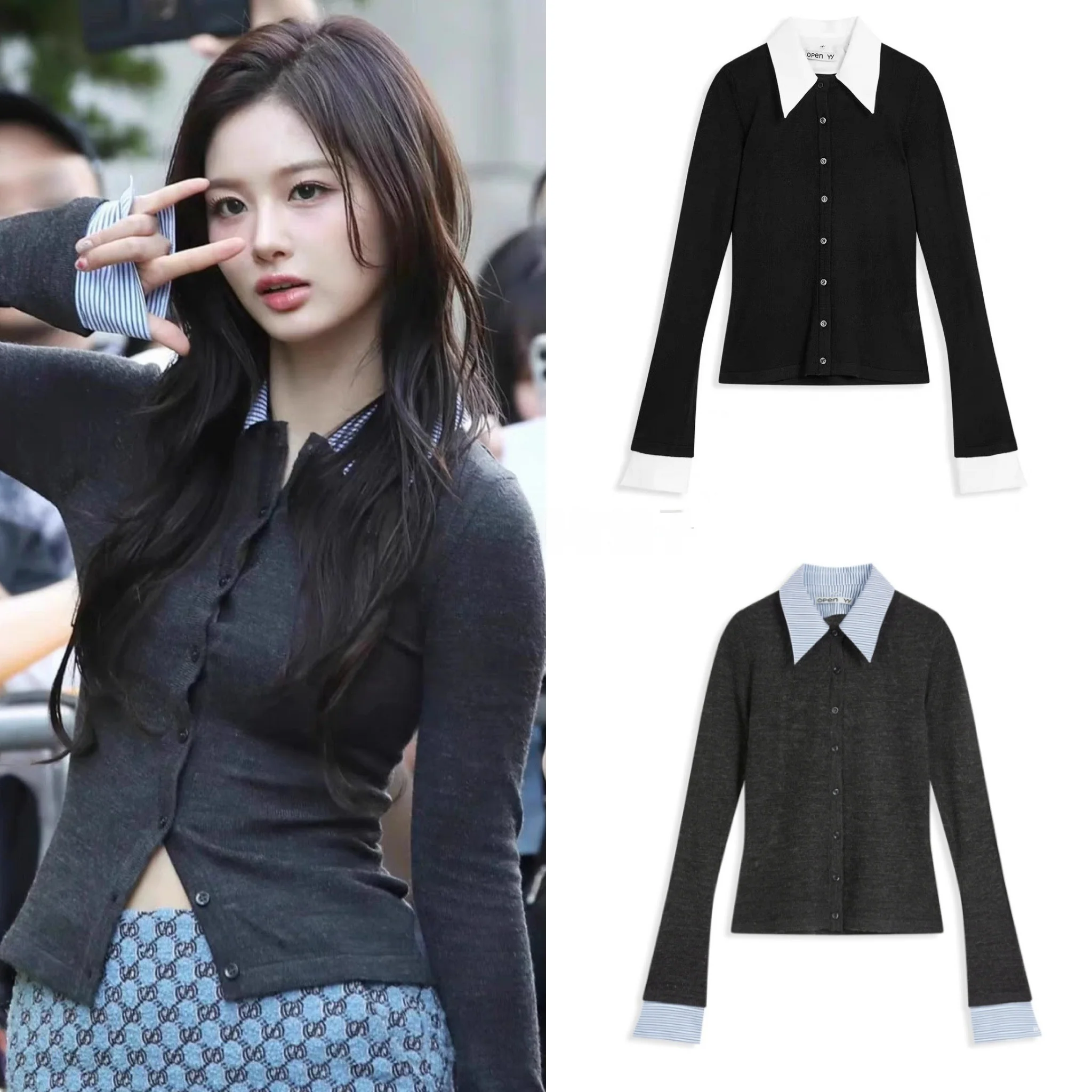 Южная Корея Yy24 Осень и зима Новый Qi Xue Yun Same Sle из двух частей в полоску стиле