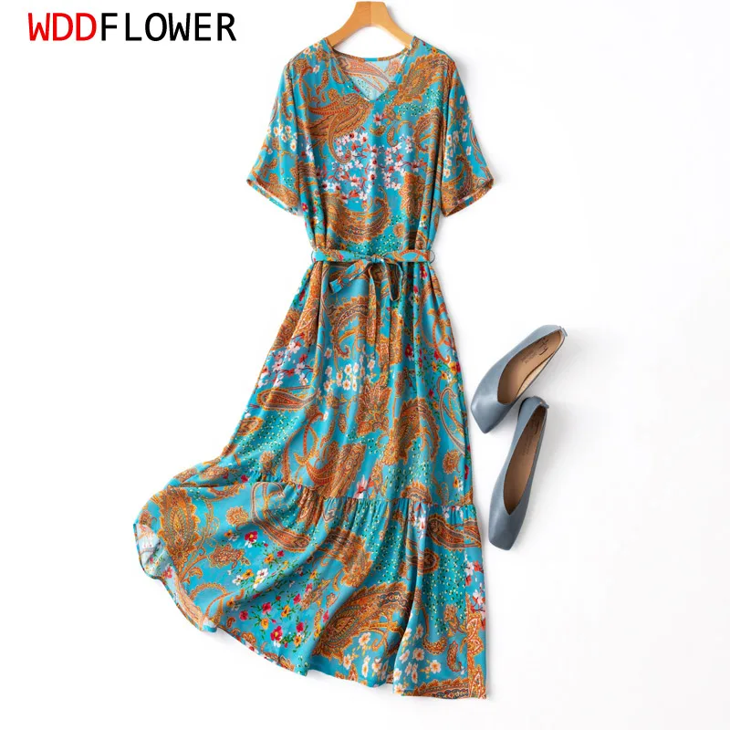 

Women 100% Mulberry Silk Crepe Silk V neck short sleeve belted waist Turquoise Art Flower Printed Midi Dress MM427