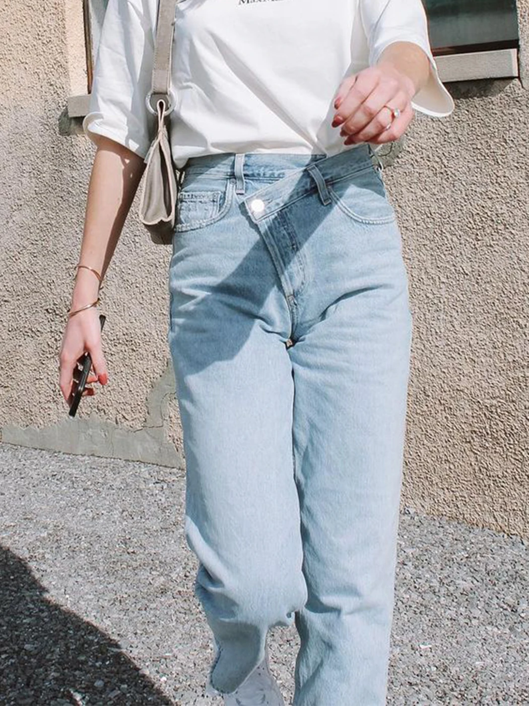 

Женские винтажные Асимметричные джинсы, хлопковые длинные широкие брюки с высокой талией, на пуговицах, повседневные винтажные брюки в сти...