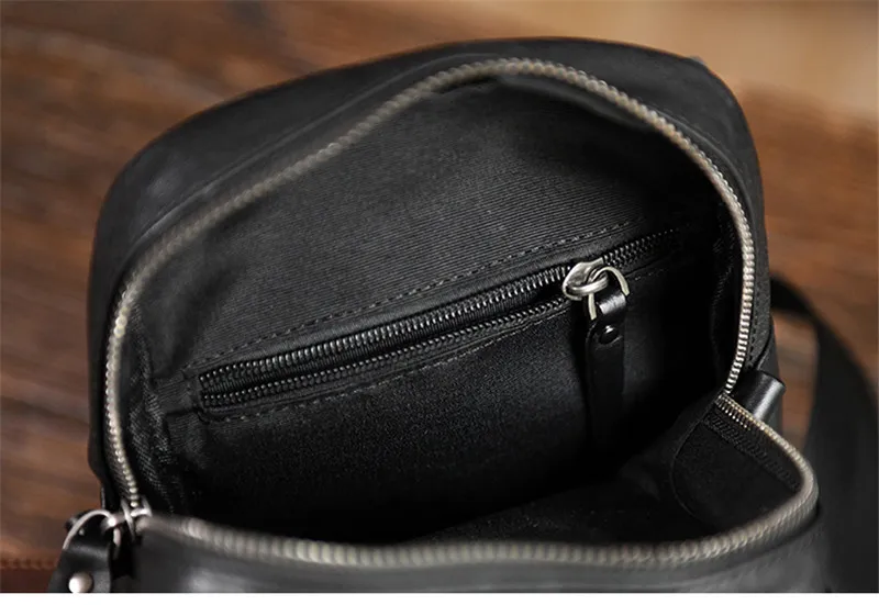 Simple and casual Top layer Cowhide black chest bag  youth daily outdoor sports hand-designed real leather diagonal bag for men