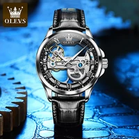 olevs tourbillon skeleton new mens watches leather steampunk fashion automatic mechanical watch luminous waterproof reloj hombre