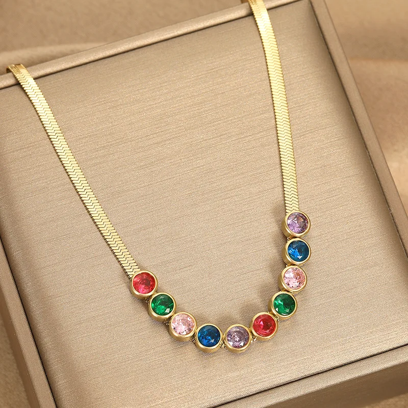 316L Stainless Steel New Fashion Fine Jewelry Sets Weld Colorful Zircon Charm Chain Choker Necklaces Bracelets Earring For Women