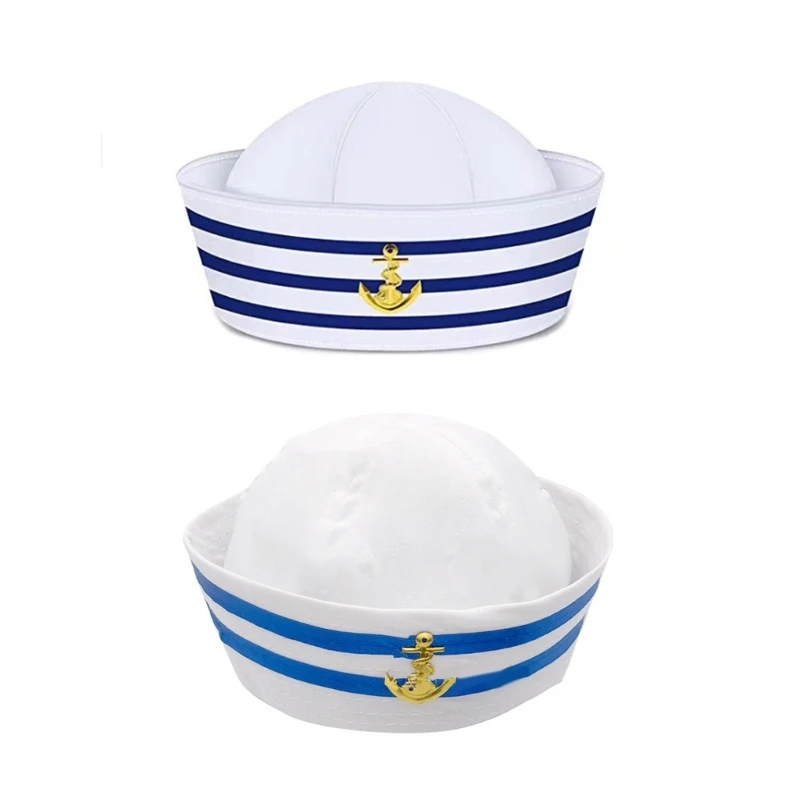 

Teens Adult Sailor Hat with White&Blue Stripe Captain Hat Navy Style Halloween Cosplay Hat with Embroidery Anchors
