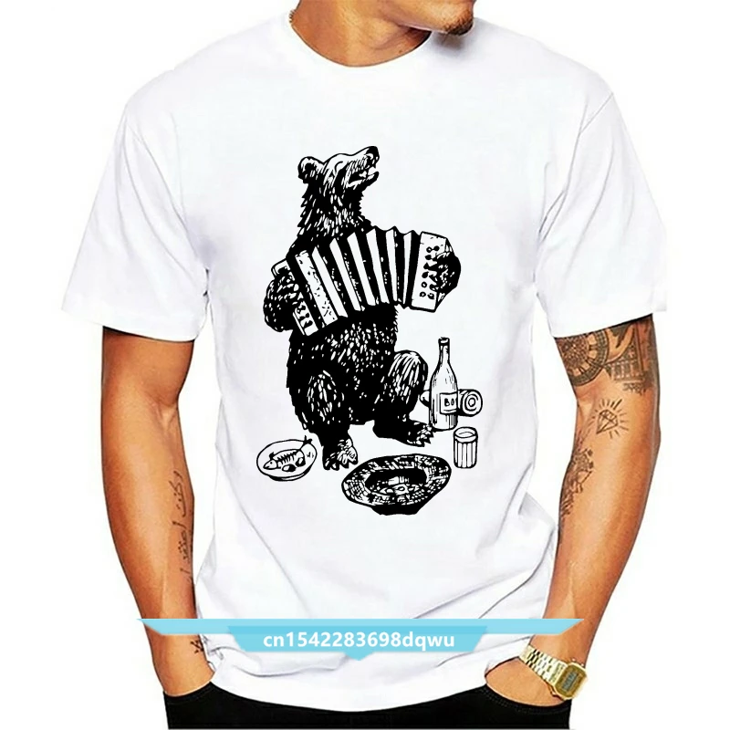 Russian Bear future in a fur hat with bottle of vodka and balalaika T Shirts Men Character Printed Men's O-Neck Russia T-Shirt