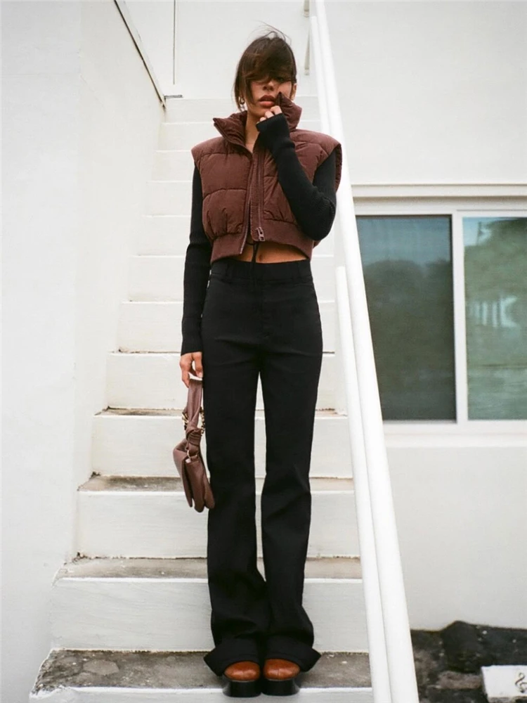 KEYANKETIAN Ladies Short Cotton Vest 2022 New Stand Collar Thin Dark Brown Classic Fashion Ladies Sleeveless Jacket Top