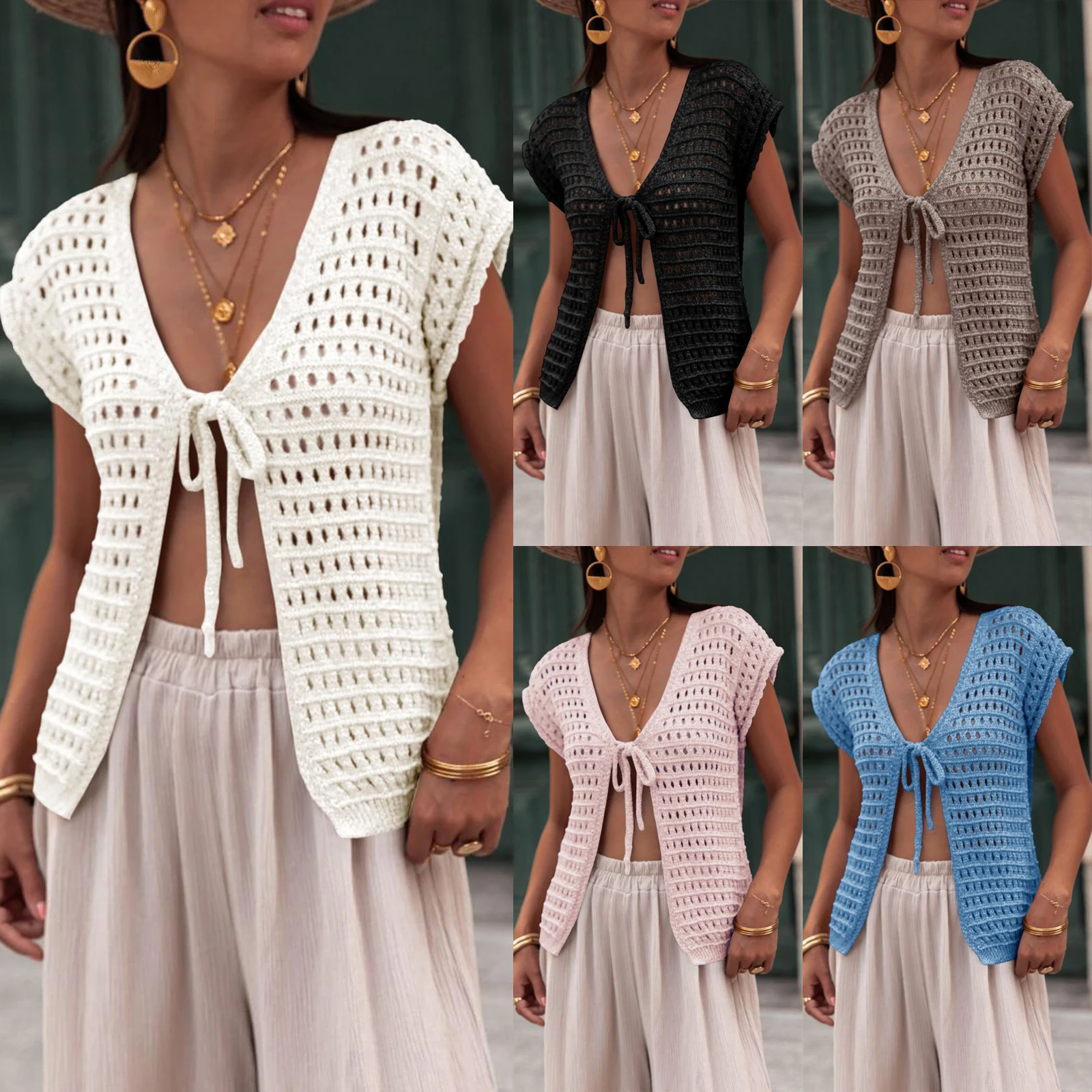 lop damski y2k Tie Front Knit Estetyczny kardigan w jednolitym kolorze z krótkim rękawem i dekoltem szpic Lekki sweter Casual Loose Cover Up