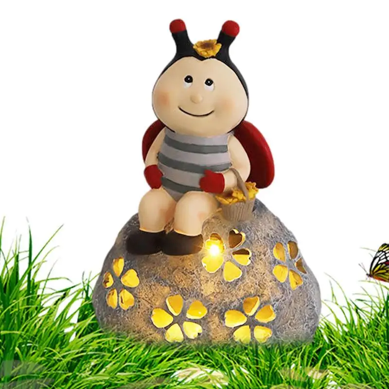 

Solar Ladybug Sitting On Stone Statue LED Light Outdoor Waterproof Resin Solar Statues LED Night Lights For Pathway Yard Garden