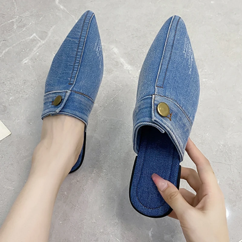 

Women's Pionted Toe Half Slippers Summer Flats Fashion Closed Toe Denim Fabric Casual Slippers for Women Outdoor Ladies Mules