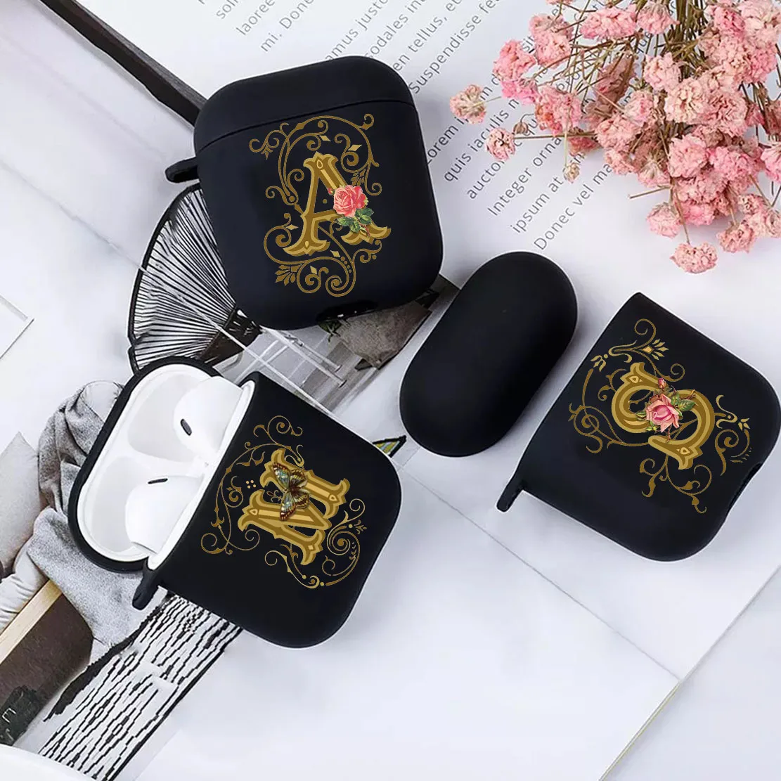 

Чехол для наушников airpods 1 2, силиконовый чехол с изображением золотого английского инициала и цветов, Беспроводная Bluetooth-гарнитура