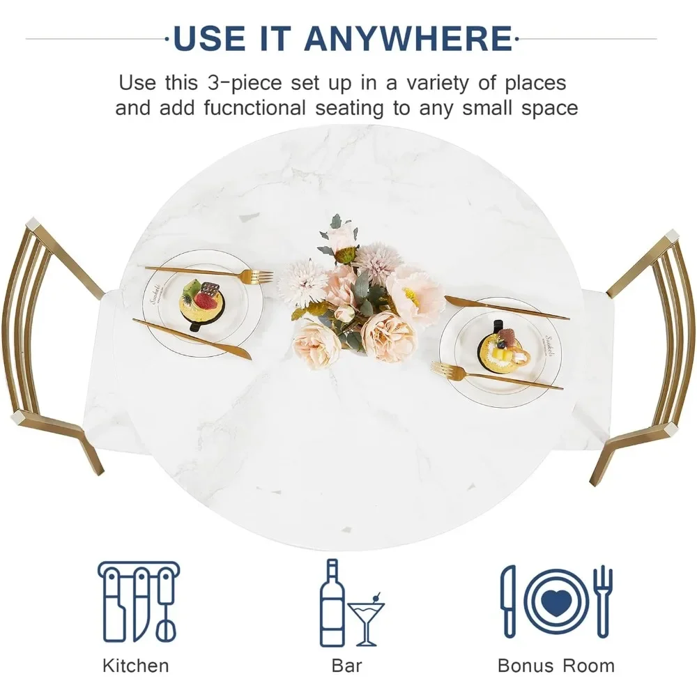 Маленький круглый обеденный стол для 2 деревянный мраморный со стальной рамой