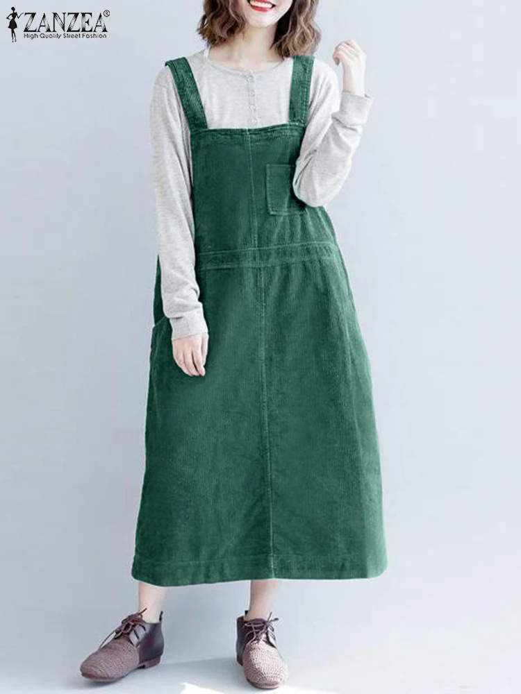 

ZANZEA Oversize Overalls Dress Women Vintage Spring Casual Loose Midi Vestido Kaftan Robes Sleeveless Solid Corduroy Sundress