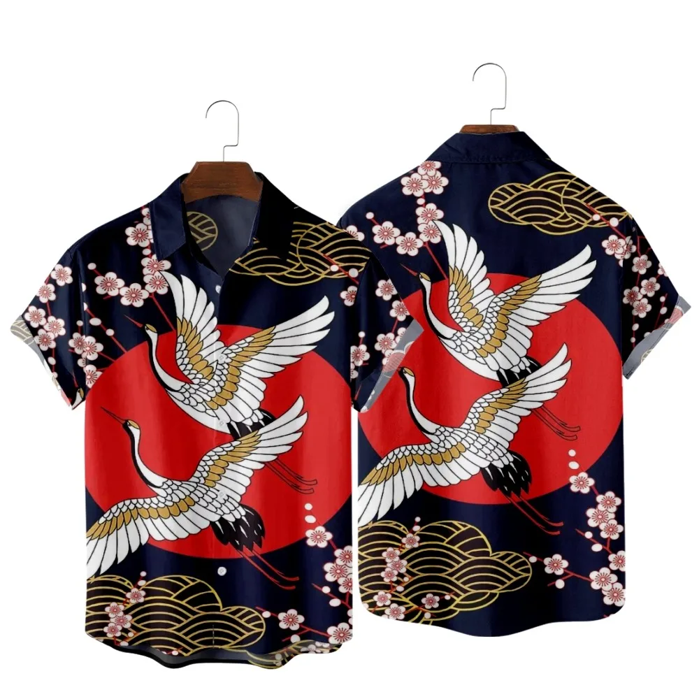 

2022 китайская рубашка с винтажным принтом Lucky Crane Bird, модная повседневная винтажная рубашка в китайском стиле с карманами для мужчин и женщин