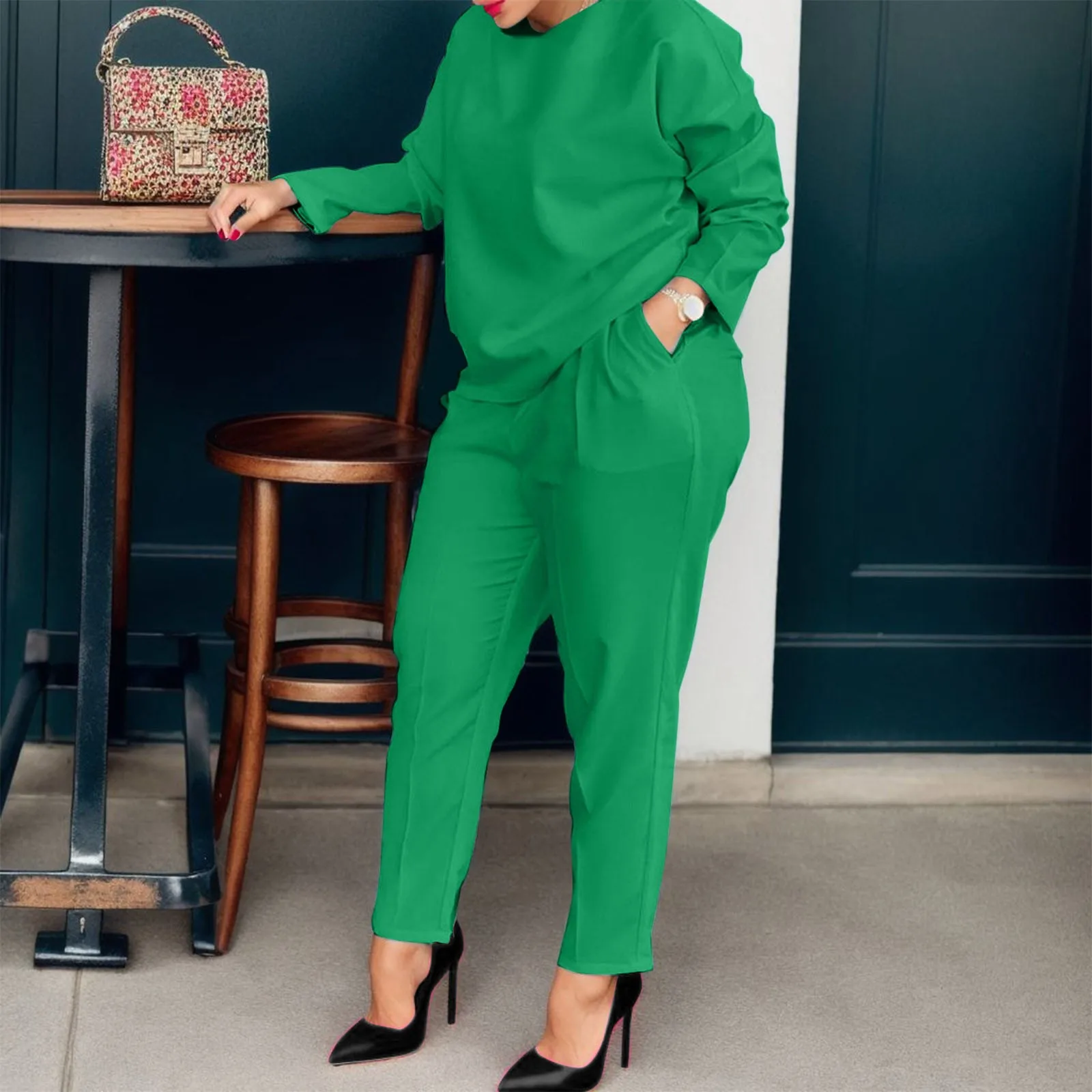 

New Casual 2 Piece Outfits Sweat Suit Women'S Solid Color Long Sleeve Tops High Waist Pants Set Tracksuit Loose Loungewear