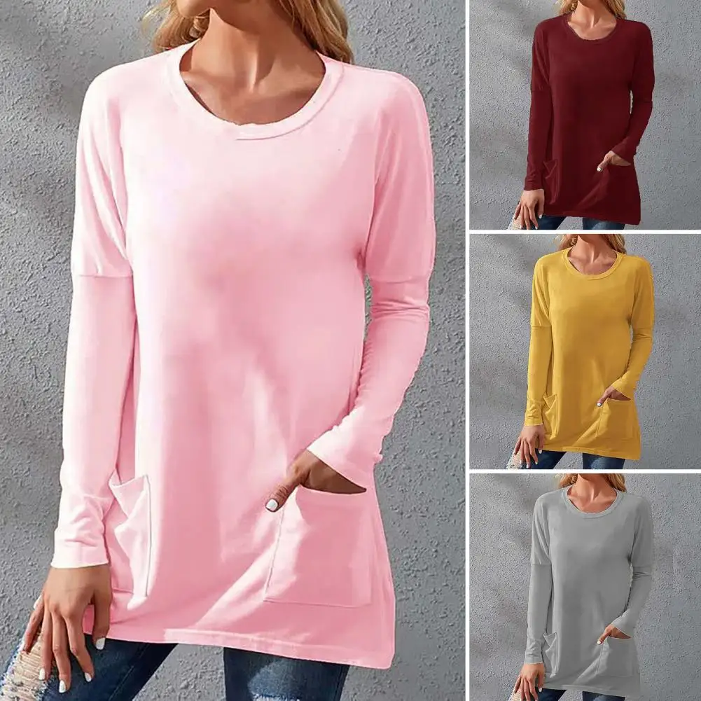 

Women Top O-Neck Long Sleeves Two Pockets T-shirt Top Fall Winter Pullover Tee Shirt Solid Color Loose Pullover Top camisetas