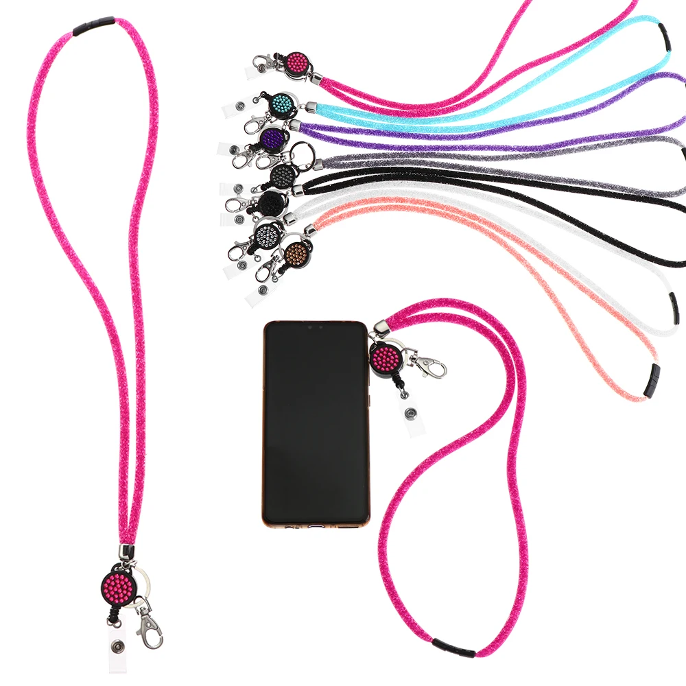 

High Quality Rhinestone Mobile Phone Office Supplies Neck Strap Clip Bling Crystal Lanyard Hanging Rope ID Card Holder