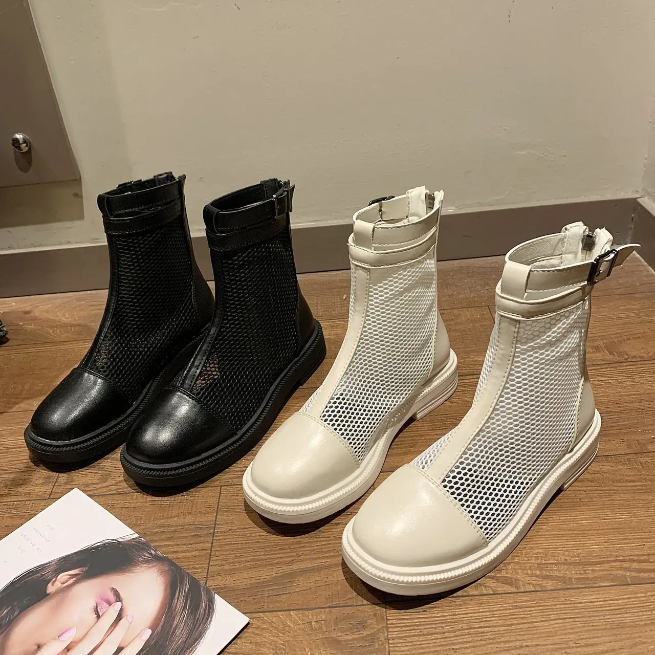 Breathable Mesh Hollow Sandals Plus Summer Breathable Platform Boots Thick Sole Women Boots Low-heeled Hollow Mid-calf Boots