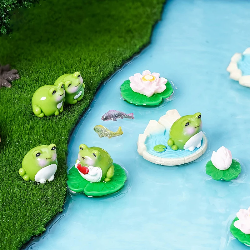 Мини-мультяшные фигурки лягушек милый цветок лотоса модель пруда микропейзажный