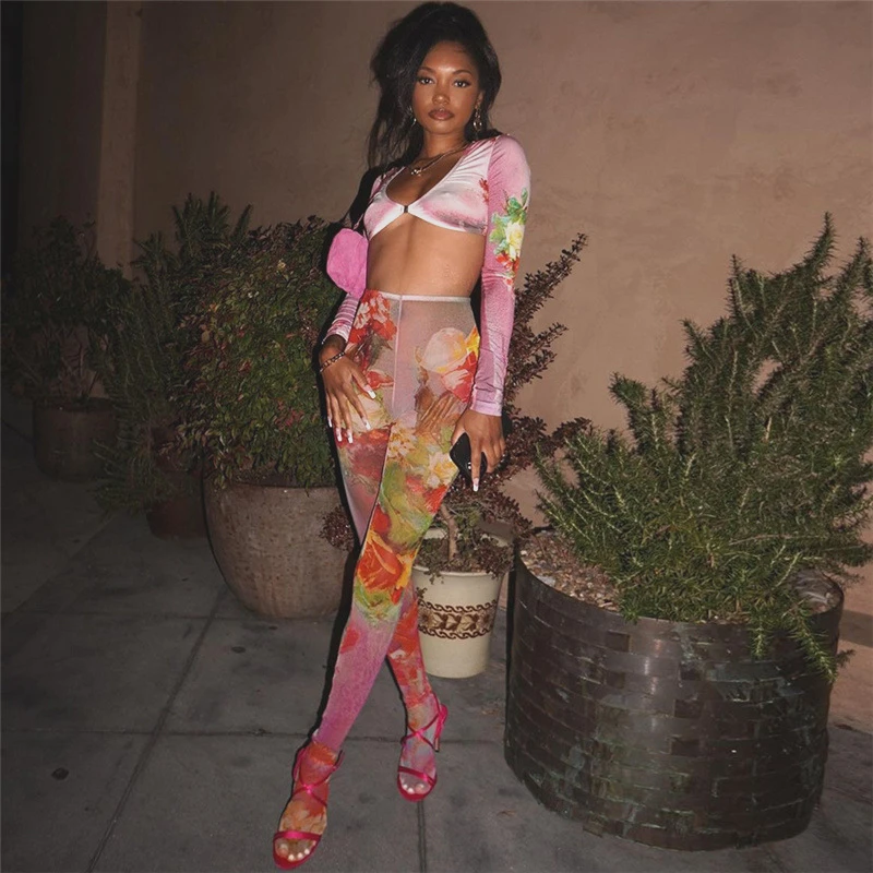 

Plant Flower Print Slim Two Piece Women Autumn V Neck Long Sleeve Buckle Crop Top Mesh High Waist Sheer Skinny Pants Clubwear