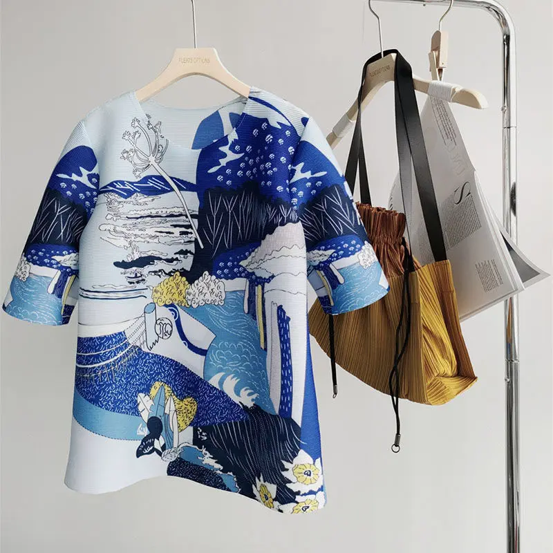 

T shirt female loose thin fashionable casual round neck short -sleeved shirt wrinkle printing age T -shirt women's clothing