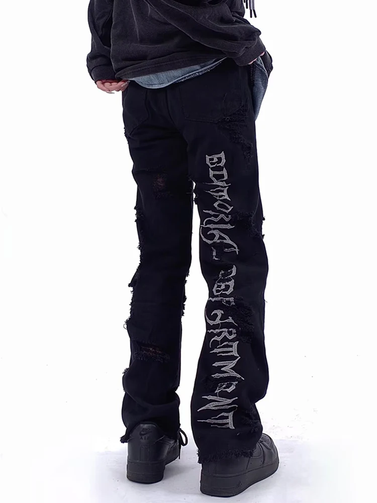 Retro Black Letter Embroidered Jeans Y2k Men's Jeans Fashion Boyfriend Style Jeans Street Style Boyfriend Boyfriend Style Jeans