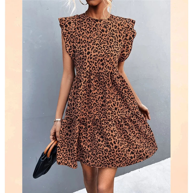 

Holiday beach ruffles dress for women 2022 Summer New O Neck Flying Sleeves Retro Leopard Print Short dress vestido de mujer