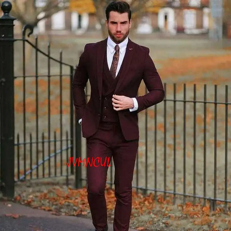 

Casual Burgundy Suits for Wedding 3 Pieces Groom Tuxedo Prom Party Best Man Outfits Groomsmen Man Ternos Slim Fit Trajes