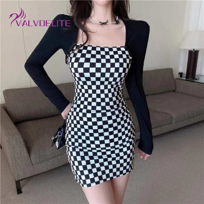

Spring Autumn New Woman Fashion Dress Casual Slimming Bag Hips Slim Bottoming Tight Skirt High Quality Plaid Square Collar Top