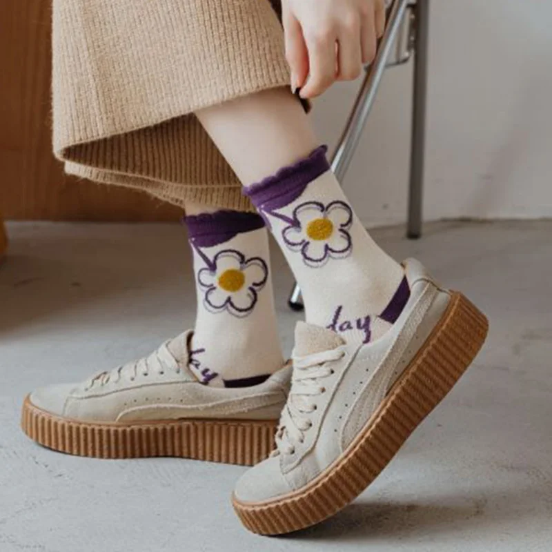 5 Pair Print Wool Socks Women Three-Dimensional Flowers Long Thick Winter Socks Cute Soft Girls Streetwear Leg Warmers Keep Warm