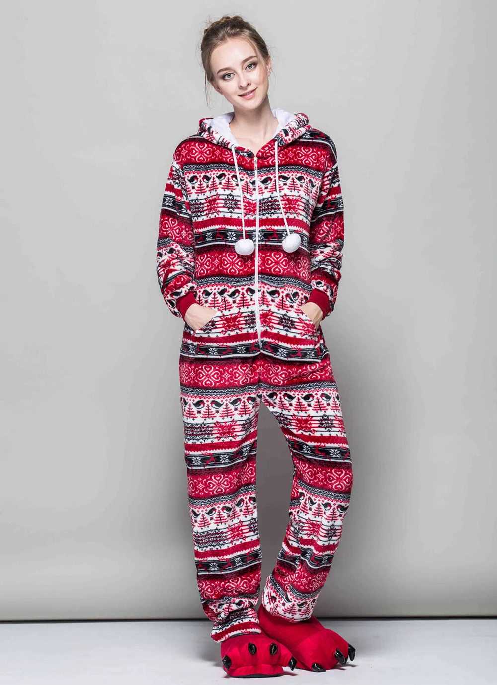 Winter Christmas One Piece Hooded Women Pajamas Polyester Material Slim Warm Leisure Wear Patterned Belt Pocket Regular Comfort