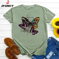 JFUNCY 2023 Fashion Women's T-shirts Cotton Tshirt with Short Sleeve Tops Butterfly Printed Graphic T Shirts Female Clothing 1