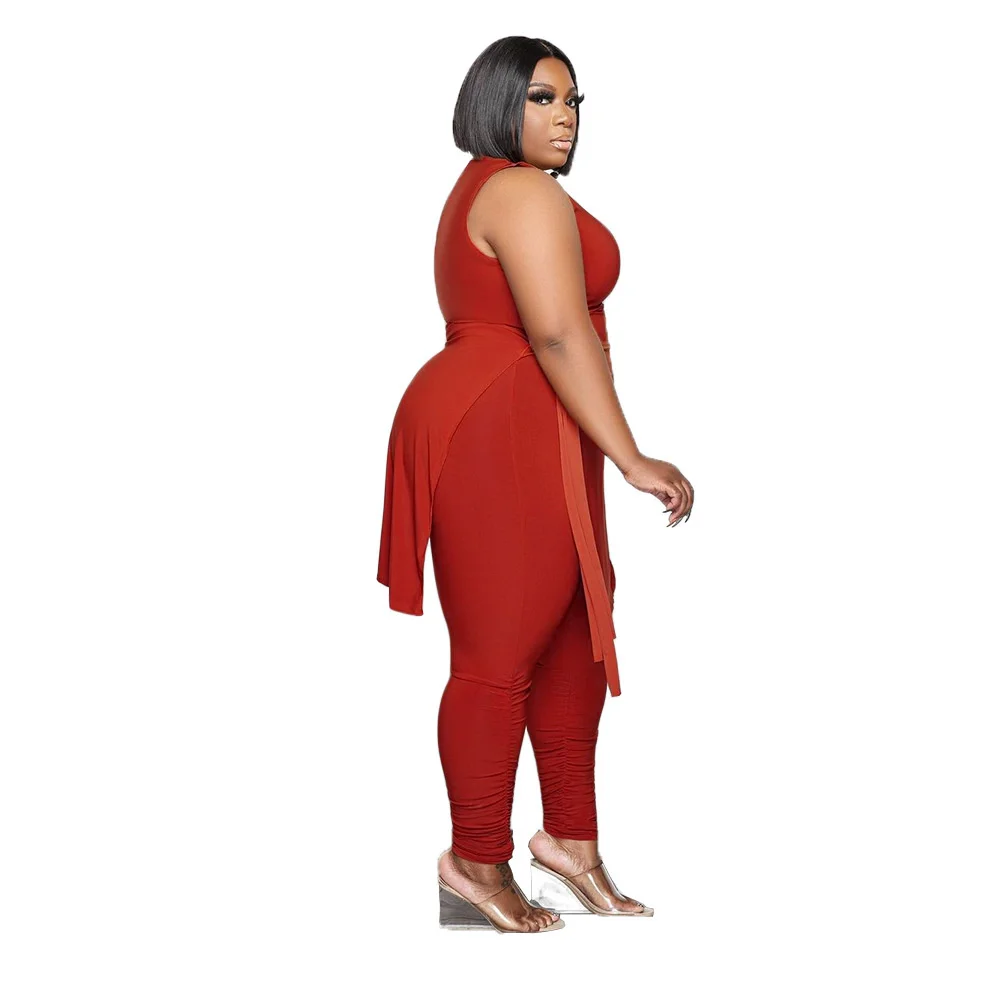 Plus Size Casual Women Clothing Two Piece Outfits Sleeveless Round Neck Bandage Crop Tops Pants Sets Wholesal 3xl 4xl 5xl 6xl