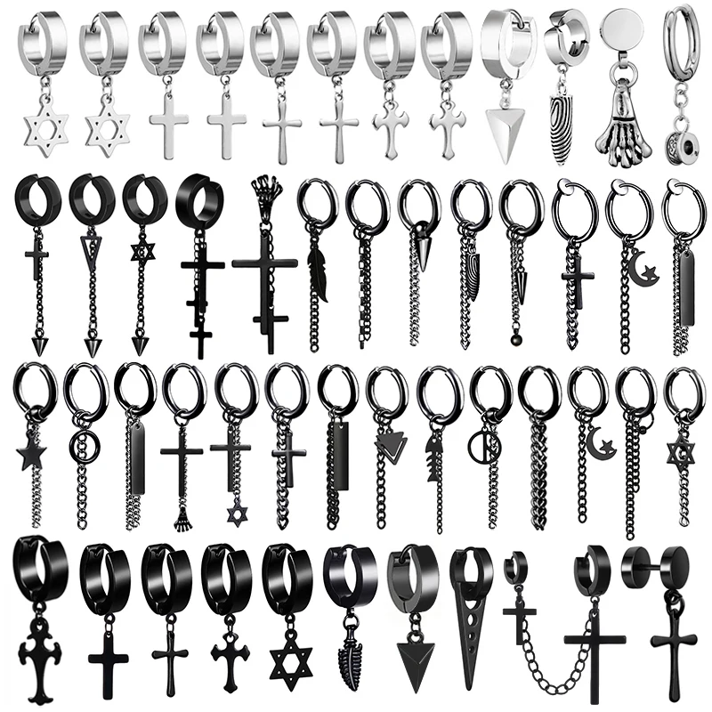 

Gothic Cross Moon Star Leaf Geometry Fish Bone Hoop Earrings Unisex Man Titanium Steel Punk Multiple Styles Rock Pop Black